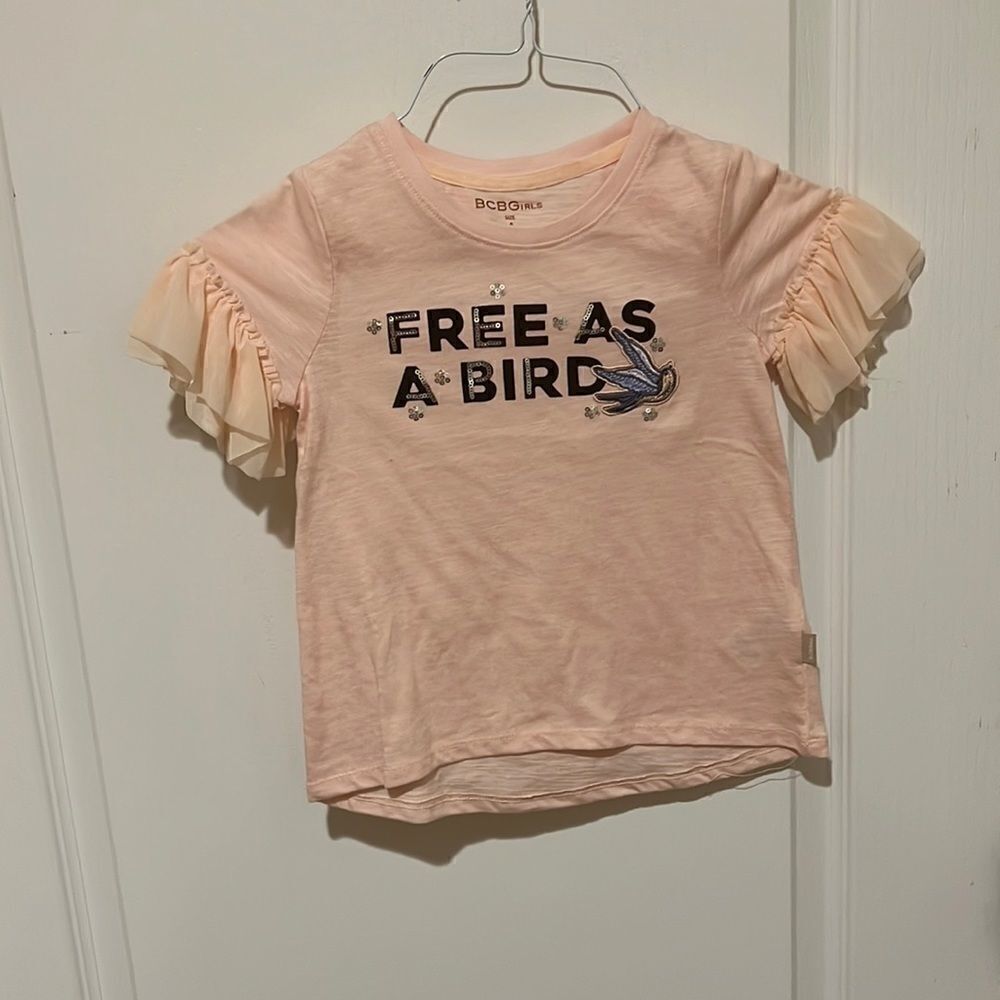 Girls New BCBGirls Pink Ruffle Sleeve Free As A Bird Top